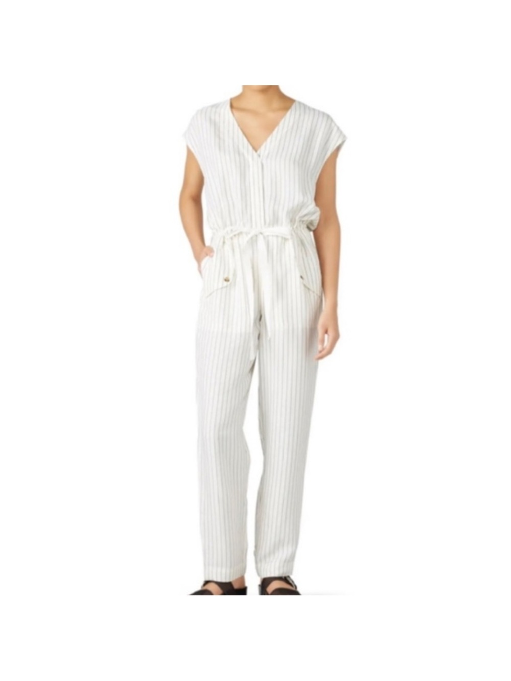 Jason Wu White Pinstripe V Neck Drawstring Ruched Jumpsuit Cap Sleeve